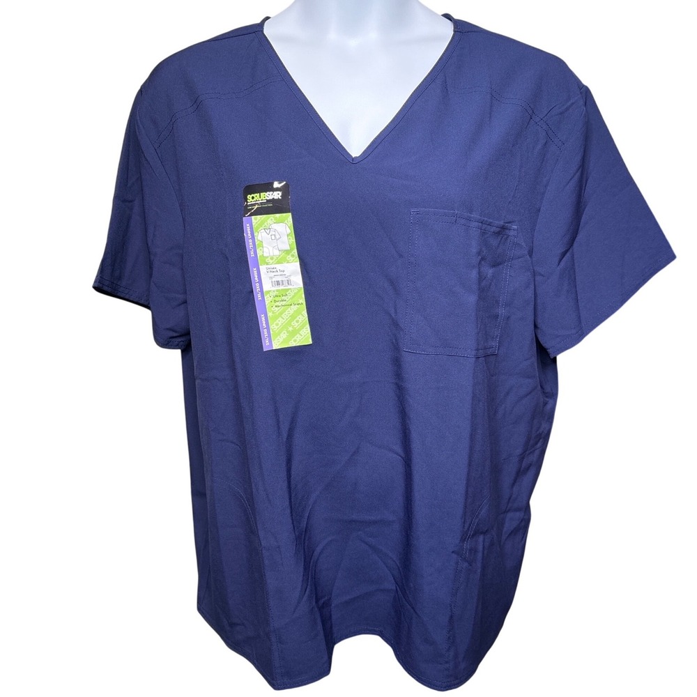 NWT SCRUBSTAR Unisex Indigo Blue V-Neck Scrub Top 2XL Uniform Chest Pocket